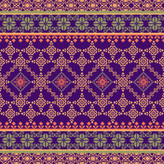 Geometric pixel art pattern. Abstract pixel art geometric ethnic pattern design for fabric, carpet, tile, rug, clothing, embroidery, needlepoint and background. Vector pixel art seamless motif ethnic 