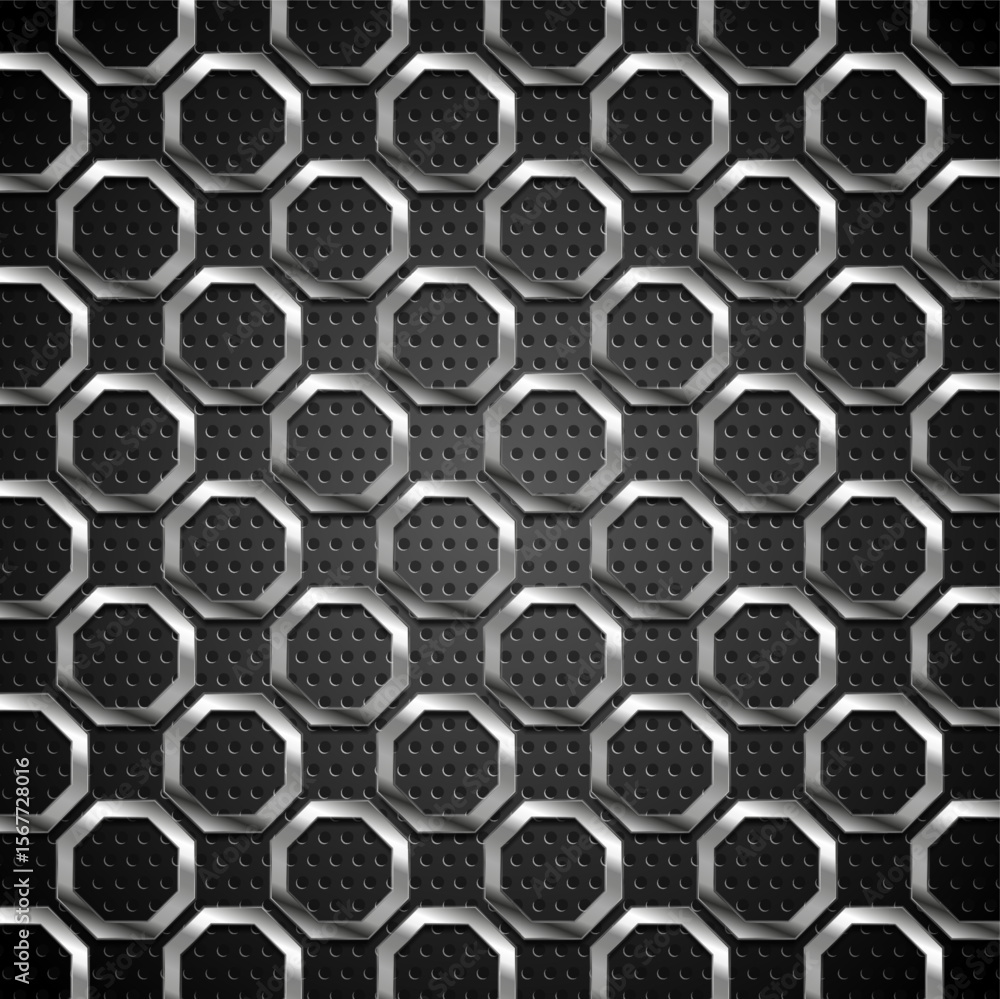Aufkleber Octagons metallic mesh pattern on the perforated chrome background. Vector tech geometric design