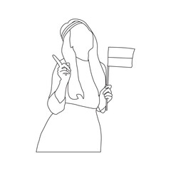 Indonesian Woman Holding Flag Clean Line Illustration, Minimalist Independence Day Art Female Model with Flag