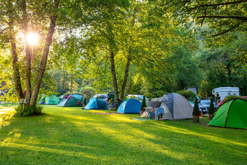 Tents at Dawn in a Green Campsite