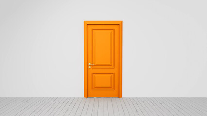 Bright orange door contrasting with a white wall in an empty room featuring a light wooden floor, representing new opportunities and the potential for growth and discovery
