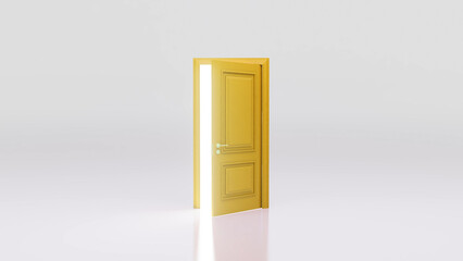 Slightly opened golden door letting a bright light shine into an empty room with white walls and floor, creating a concept of opportunity, hope, and new beginnings