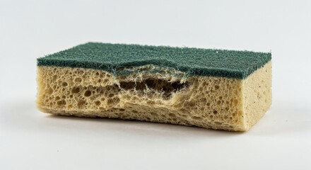 Damaged sponge isolated on seamless white background side angle focus on torn and worn surface