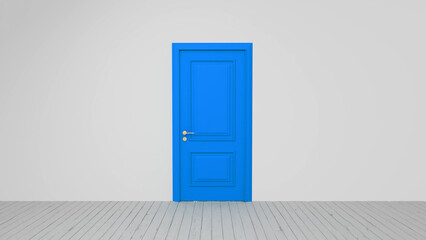 Bright blue door contrasting against a white wall in an empty room with gray wooden flooring, representing new opportunities and endless potential for the future