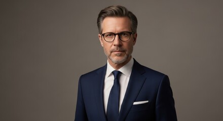 Confident mature caucasian male in suit with glasses on neutral background
