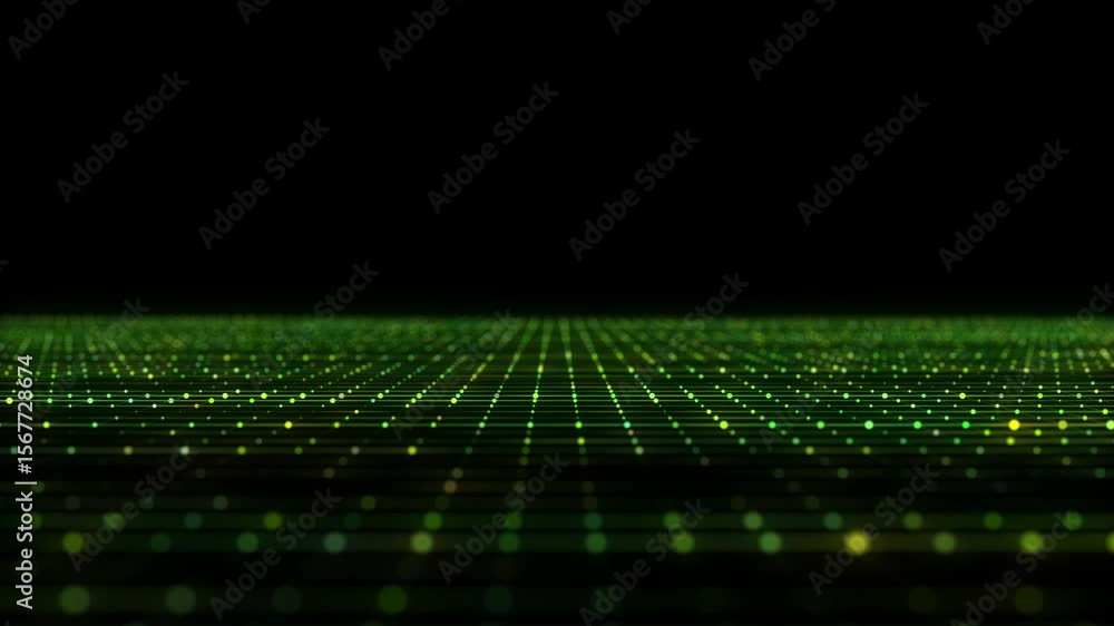Poster abstract green perspective grid. digital background in retro style. cyber landscape on dark backgrou