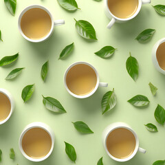 Seamless decorative cups of green tea with leaves pattern