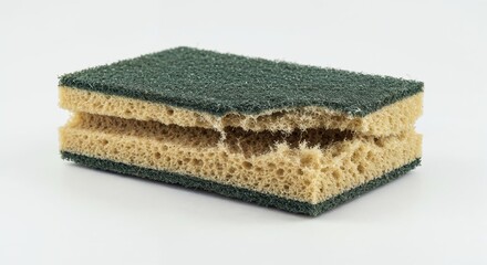 Damaged sponge isolated on seamless white background side angle focus on torn and worn surface