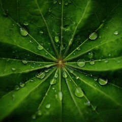 A detailed macro shot of a green leaf with sparkling water droplets on its surface.