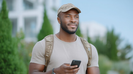 Fototapeta premium Focused military man texting on smartphone in urban setting.