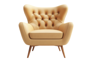 Stylish Armchair Beige Velvet Accent Chair with Button Tufting and Wooden Legs for Home Decor on transparent background