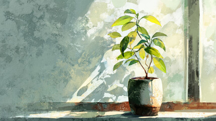 Watercolor painting of small potted plant with green leaves on windowsill, sunlight streaming in, peaceful and fresh atmosphere