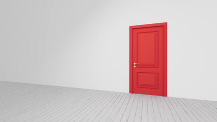 Red door standing in a white room with a wooden floor represents new opportunities, choices, and the potential for change or transition in life, business, or personal growth