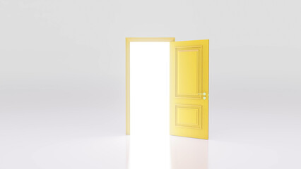 Bright light is coming through a yellow open door in an empty room with white walls and floor, representing new opportunities, hope, and a positive future