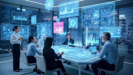Business professionals engaged in a futuristic meeting with holographic data displays in a cityscape - Powered by Adobe
