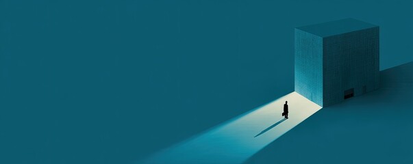 Fototapeta premium A silhouetted businessman walks toward a bright light from a building.