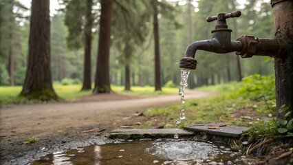 Outdoor faucet dripping water against a natural backdrop,water, faucet, tap, drop, metal, wet, clean, sink, liquid, 