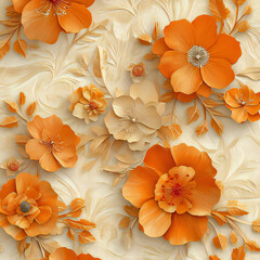 Seamless decorative orange 3d flowers with rice paper pattern