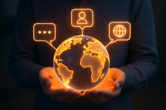 Hands gently holding a glowing digital globe with communication icons representing global connectivity social media and modern business interaction concepts