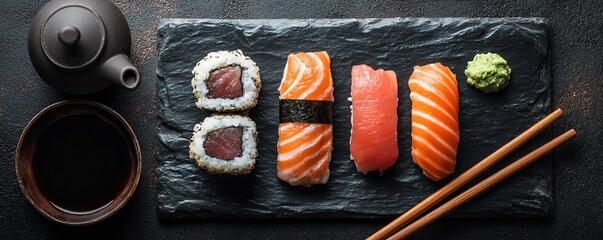 An overhead shot of a sushi platter with salmon, tuna, and chopsticks.