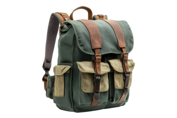 Rustic Adventurer Backpack Photography Canvas Leather Vintage Travel Bag Hiking Gear Outdoors on transparent background