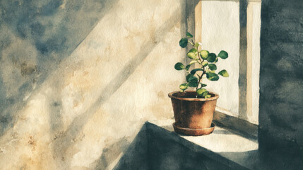 Watercolor painting potted plant sunlight window sill green leaves brown pot peaceful interior decor