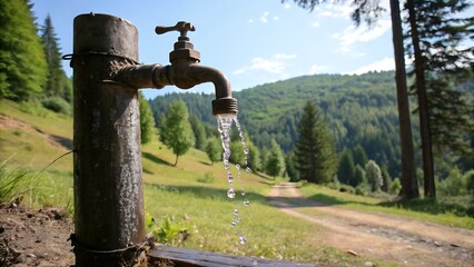 Outdoor faucet dripping water against a natural backdrop,water, faucet, tap, drop, metal, wet, clean, sink, liquid, 