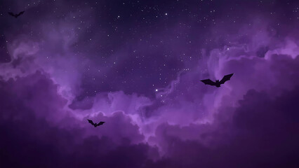 Halloween background featuring a purple night sky with bats, two moons, and stars, perfect for spooky-themed designs and festive decorations.