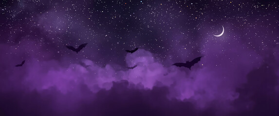 Halloween background featuring a purple night sky with bats, two moons, and stars, perfect for spooky-themed designs and festive decorations.