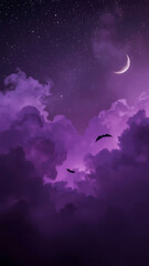 Halloween background featuring a purple night sky with bats, two moons, and stars, perfect for spooky-themed designs and festive decorations.