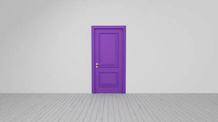 Featuring a single purple door set against an empty room with crisp white walls and a gray wooden floor, symbolizing new opportunities and the potential for growth and discovery