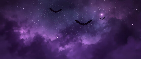 Halloween background featuring a purple night sky with bats, two moons, and stars, perfect for spooky-themed designs and festive decorations.