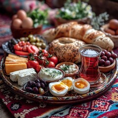 Traditional Turkish breakfast with various delicious and fresh components.