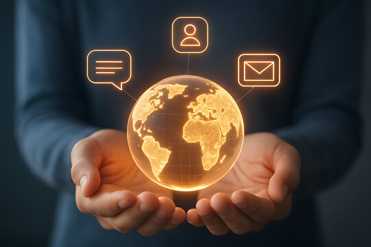 Hands gently holding a glowing digital globe with communication icons representing global connectivity social media and modern business interaction concepts