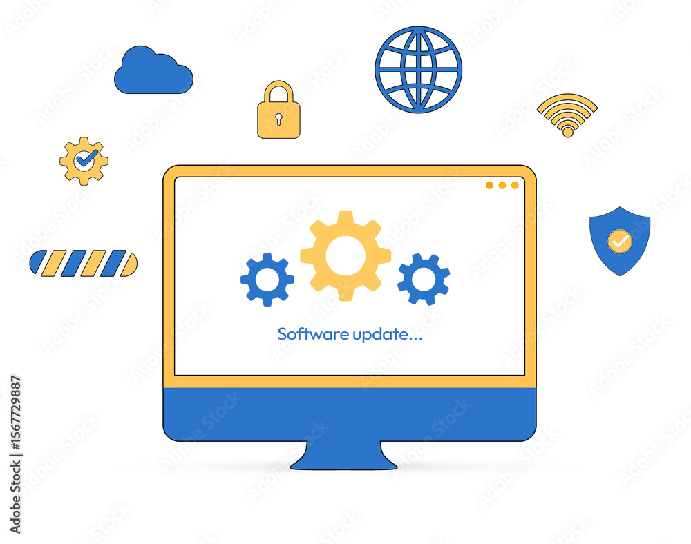 Fototapete Software update on the computer screen with modern icons floating around it, cloud, computing, web