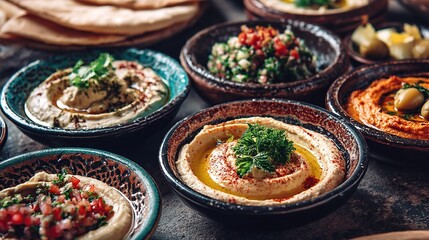 A delightful assortment of Middle Eastern mezze dishes, perfect for sharing and enjoying.