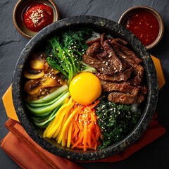 Delicious bibimbap bowl, a colorful and flavorful Korean classic, ready to be enjoyed.