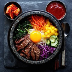 A vibrant and delicious Korean bibimbap bowl with fresh ingredients and flavors.