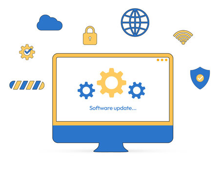 Software update on the computer screen with modern icons floating around it, cloud, computing, web