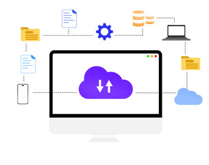 Cloud data storage and backup concept with colorful floating shapes around the computer, modern, futuristic, tech