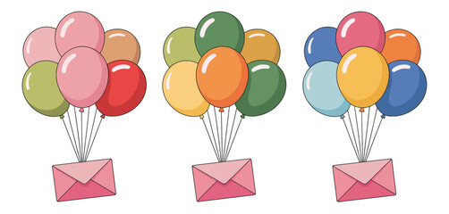 Three Envelopes Floating with Colorful Balloons
