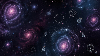 Halloween background featuring a purple galaxy with constellations and spooky objects. Suitable for festive designs, cards, invitations, and social media posts.