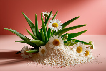 minimalism composition with nature cosmetics and plant. little serum jar and flowers, shadow and mask powder, pastel colors