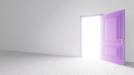 Light is streaming through an open purple door into an empty white room with light wood floors, creating a hopeful and optimistic atmosphere