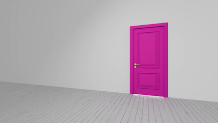 Vibrant pink door standing ajar in a minimalist white room, revealing a glimpse of the white wooden floor and suggesting new opportunities and transitions