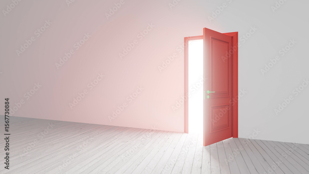 Poster light streaming through open red door into empty room with white wood floor and pink and white walls