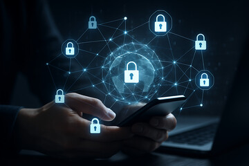 Digital security network illustrating global data protection and secure online transactions with connected padlocks surrounding a glowing world map