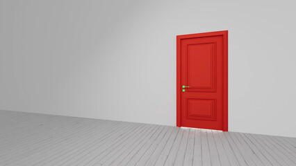 Red door set against a white wall, complemented by a wooden floor, symbolizes opportunity, new beginnings, and the choices that shape life's journey