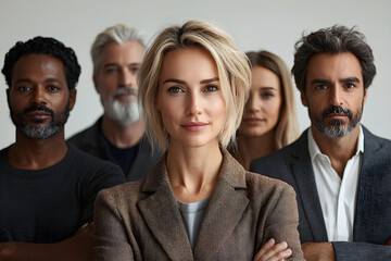 Diverse Business Team with Confident Female Leader Standing in Front