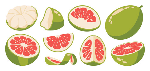 Fresh Pomelo Fruit Slices and Whole Pomelos